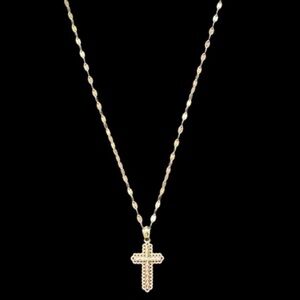 Milor 14K Yellow Gold Mirror Link Chain Necklace with Diamond Cut Cross Pendant